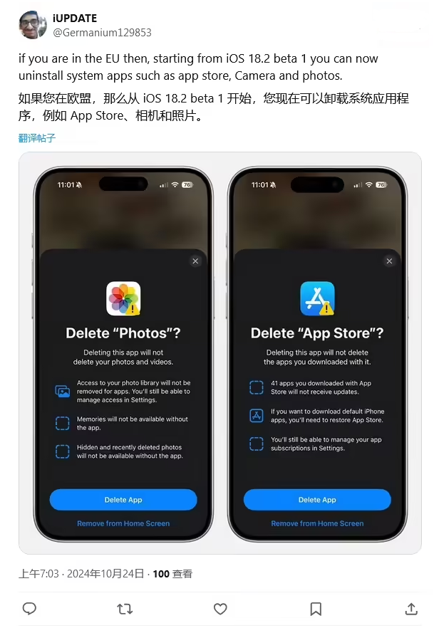 同仁苹果手机维修分享iOS 18.2 支持删除 App Store 应用商店 