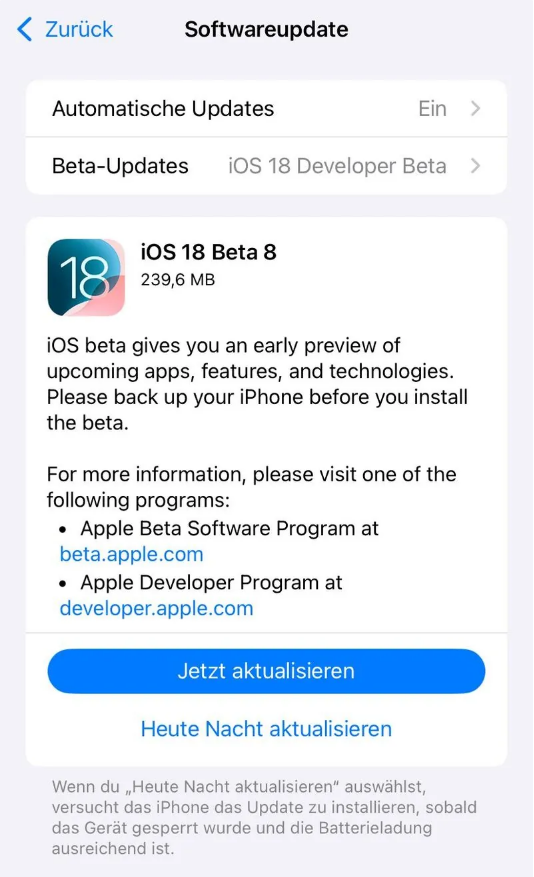 同仁苹果手机维修分享苹果 iOS / iPadOS 18 开发者预览版 Beta 8 发布 